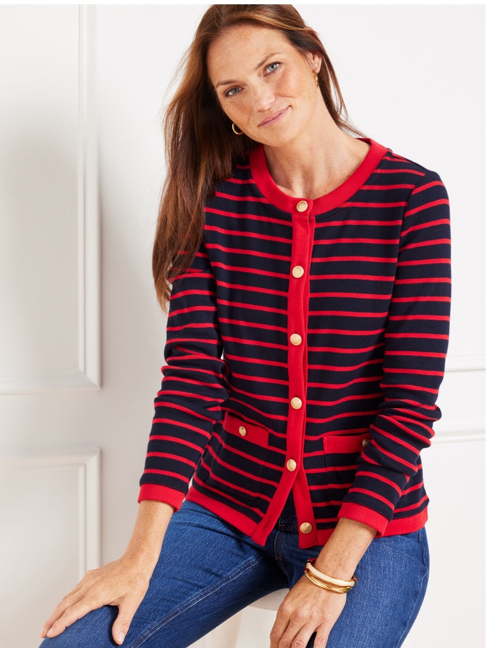 Talbots L Navy Delfina Stripe patch pocket Cardigan sweater